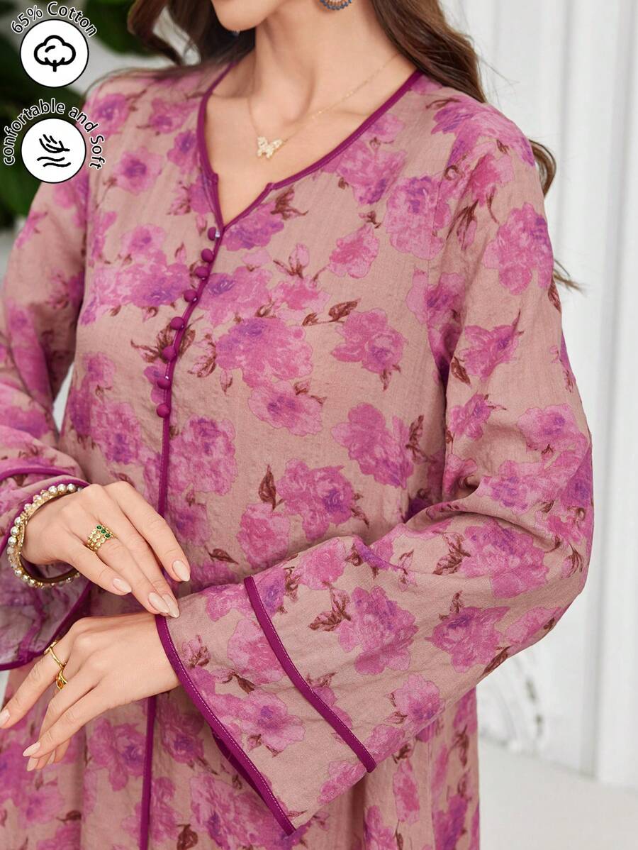 Al Najma 印花撞色 V 领喇叭裙，阿拉伯风格，适合女性，春夏季，端庄