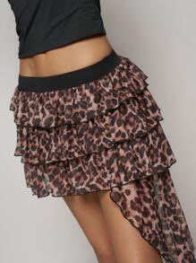 Easelle Leopard Print Mesh Layered Ruffle Hem Patchwork Asymmetric Tie-Waist Short Skirt For Women - Coffee Brown - View 5