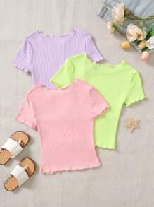SHEIN 3pcs Tween Girl Coordinated Casual Round Neck Short Sleeve T-Shirt Set, School, Campus, College - Multicolor - View 2