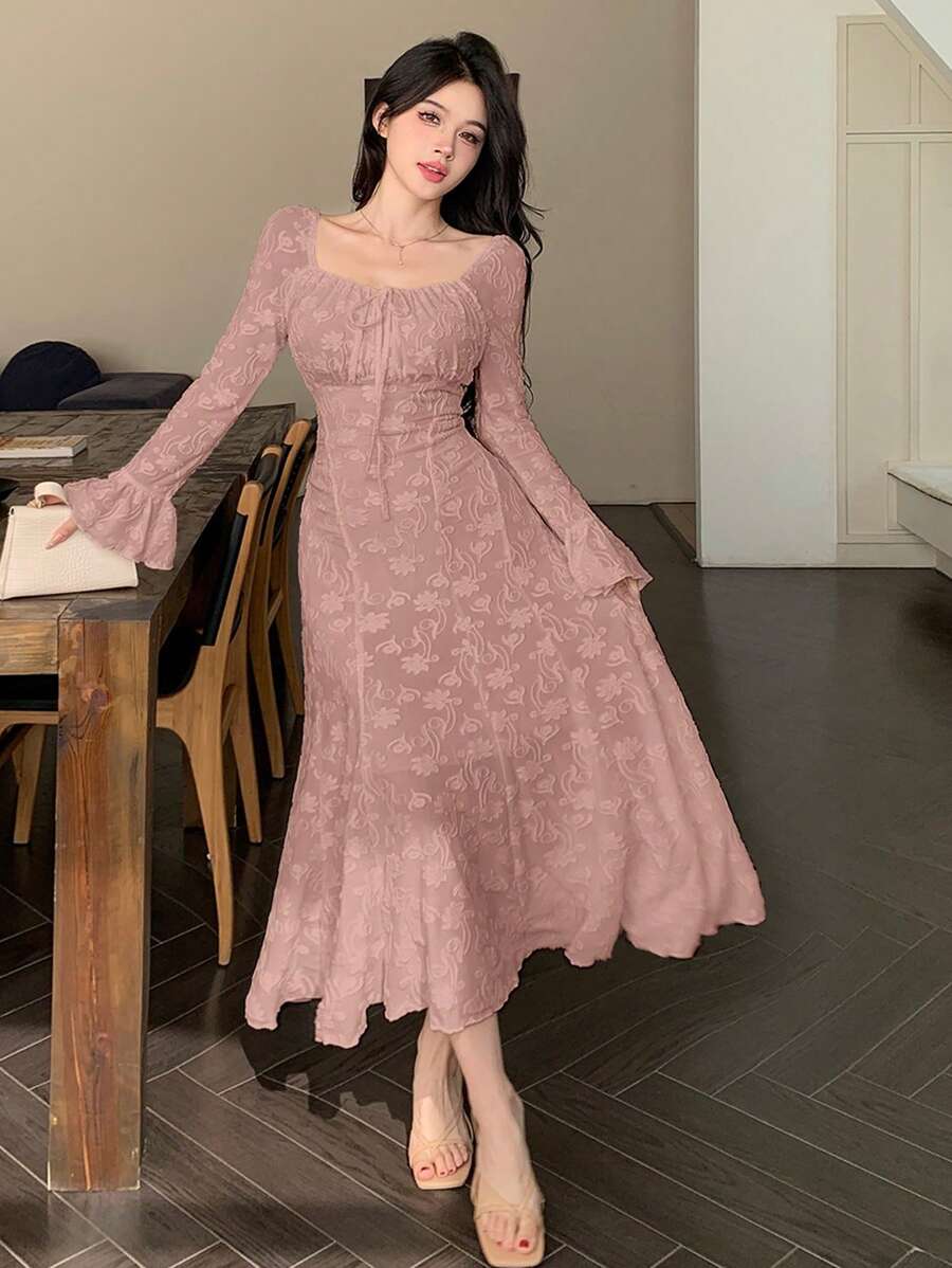 DAZY Damen Quadratischer Ausschnitt Langarm Strukturierter Stoff Kleid Elegant, Rüschen, Herbstkleid - Pink - Übersicht 1