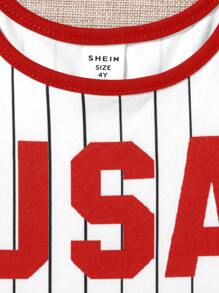 SHEIN Young Girl Striped Letter Pattern Square Neck Camisole Romper - Red - View 4