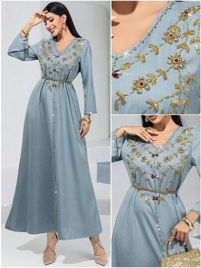 Layrah Hand-Embroidered Rhinestone Decorated Long Cardigan, Kaftan & Jalabiya, Luxury Evening Dresses For Women