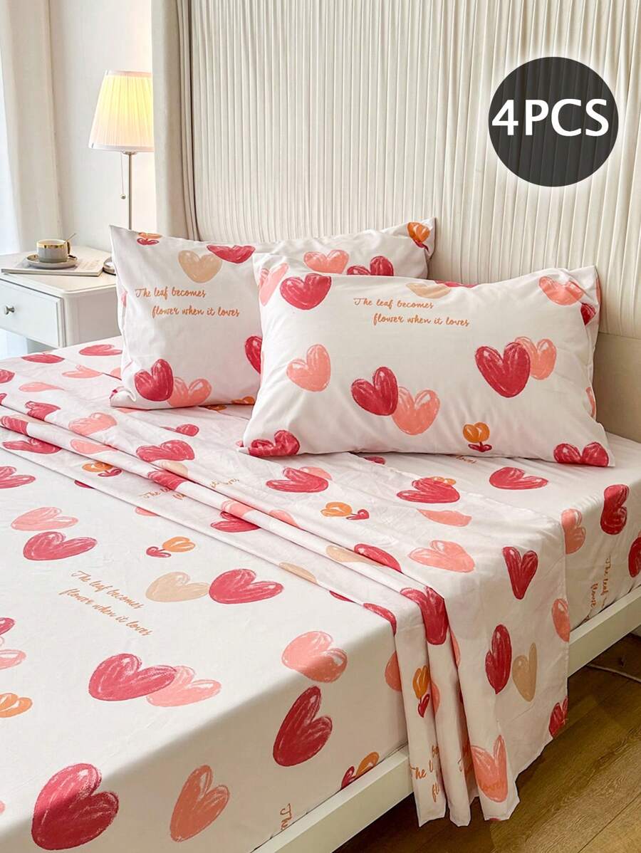 4pcs 100% Polyester Heart Print Bedding Set (2 Pillowcases + 1 Bed Sheet + 1 Fitted Sheet), Romantic Wedding Season - Multicolor - View 1