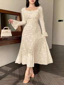 DAZY Women Square Neck Long Sleeve Textured Fabric Dress Elegant,Ruffle,Fall Dress - Apricot - View 2