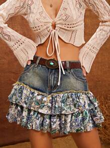 WESTFADE 西部混合媒体佩斯利印花编织和牛仔布磨损荷叶边分层迷你裙春假 - 中等水洗藍 - 查看 7