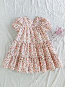 Vintaside Kids Young Girl Ditsy Floral Square Collar Puff Sleeve Cute Doll Mini Dress, Vacation Style
