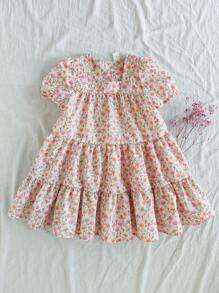 Vintaside Kids Young Girl Ditsy Floral Square Collar Puff Sleeve Cute Doll Mini Dress, Vacation Style
