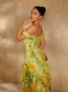 SHEIN SXY Sundress;Summer Cami Yellow &Green Tie-Dye Print Tiered Layer Ruffle Hem High Slit Multicolor Women's Dress