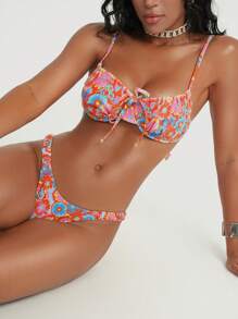 SHEIN Swim Bikini hai mảnh họa tiết hoa hở lưng phía trước gợi cảm cho nữ, trang phục đi biển, cho kỳ nghỉ hè - Nhiều màu - Xem 3