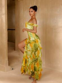 SHEIN SXY Sundress;Summer Cami Yellow &Green Tie-Dye Print Tiered Layer Ruffle Hem High Slit Multicolor Women's Dress