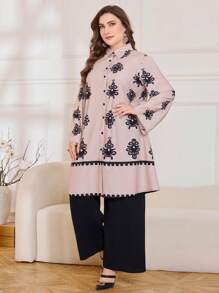 Lacomfia Vintage Style Fashion Printed 2 Pieces Set, Plus Size - Black - View 7