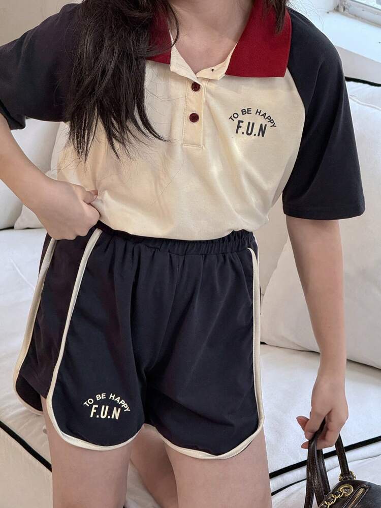 Tween Girl 2pcs Set: Minimalist Polo Shirt & Shorts, Fashionable Casual Everyday Outfit,Girls Summer Outfits,Back To School Clothes