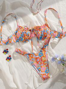 SHEIN Swim Bikini hai mảnh họa tiết hoa hở lưng phía trước gợi cảm cho nữ, trang phục đi biển, cho kỳ nghỉ hè - Nhiều màu - Xem 1