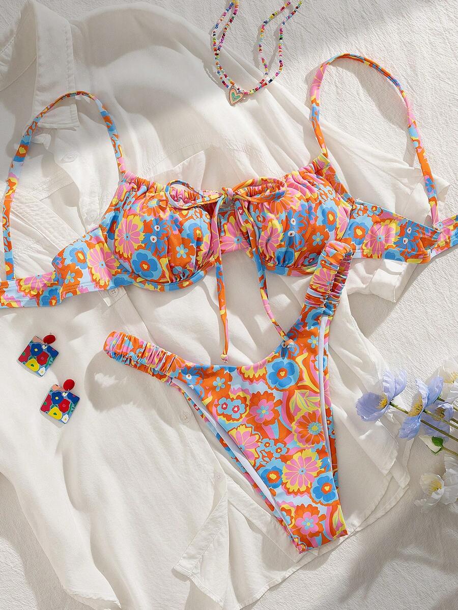 SHEIN Swim Bikini hai mảnh họa tiết hoa hở lưng phía trước gợi cảm cho nữ, trang phục đi biển, cho kỳ nghỉ hè - Nhiều màu - Xem 1