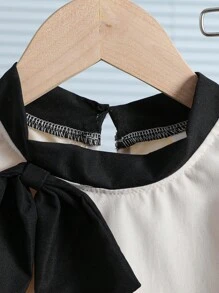 SHEIN 2pcs/Set Young Girl Bow Decor Puff Sleeve Top And Pants Set - Apricot - View 8