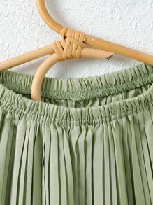 SHEIN 2pcs Girls Vacation Casual Solid Color Pleated Top And Long Pants Set - Green - View 6