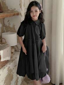DAZY Tween Girl Collared Short Sleeve Mesh Overlay Dress, Summer,Back To School Clothes