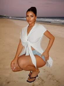 SHEIN SXY Damen Twist Knoten Rücken Schlitz Weißes Hemd