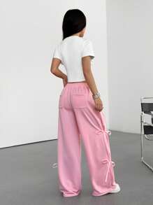 Muchica 2pcs/Set Spring/Summer New Round Neck T-Shirt & Bow Tied Track Pants Suit - Multicolor - View 2