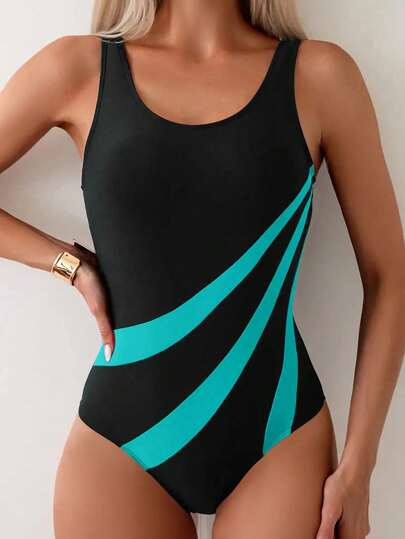 Swim SPRTY Women's Color Block Striped Tankini Set For Summer Beach Vacation