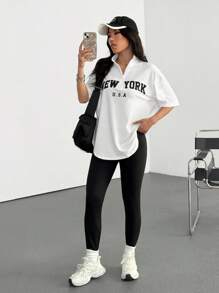 SHEIN EZwear Women's New Letter Embroidery Stand Collar T-Shirt And Leggings 2 Pieces Set - Multicolor - View 1