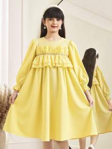 SHEIN Tween Girls Loose Elegant Double Ruffle Decor Round Neck 3/4 Sleeve Dress - Yellow - View 1