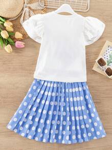 SHEIN 2pcs/Set Young Girl Casual Daily Wear Floral Print Short Sleeve T-Shirt + Polka Dot Skirt - Blue - View 2
