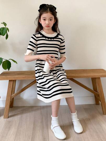 DAZY Tween Girl Contrast Stripe Short Sleeve Knitted Dress,Girls Summer Outfits,Back To School Clothes