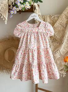 Vintaside Kids Young Girl Ditsy Floral Square Collar Puff Sleeve Cute Doll Mini Dress, Vacation Style