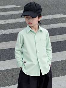 SHEIN Young Boy Casual Solid Color Long Sleeve Shirt, Delicate Small Logo Decor, Paired With Casual Pants, Suitable For Daily Casual Wear, Travel, Gatherings, Holidays, And School, Versatile Shirt For Spring And Autumn. - Mint Green - View 7