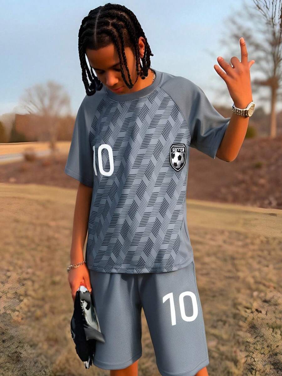 SHEIN Tween Boys Short Raglan Sleeve T-Shirt And Shorts Set For Spring/Summerholiday,Summer,Travel,Getaway, School, Campus, College