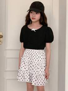 DAZY Conjunto de 2 piezas para niñas preadolescentes con blusa casual con lazo decorativo y falda con estampado de lunares, conjunto de ropa de verano, ropa para volver al colegio - Negro - Ver 7