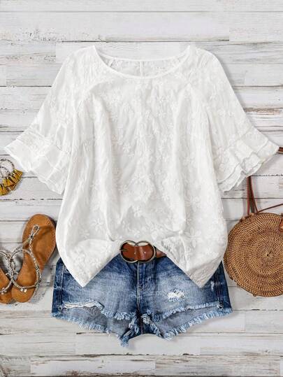 Linhara Plus Size Casual Solid Color Floral Embroidered Blouse