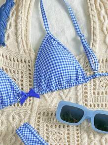 Swim Mod Springbreak Women Plaid Halter Tie Bow 2pcs Spaghetti Strap Bikini Swimwear Set