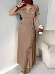 Modelyn 女士纯色贴花系带领短袖连衣裙长款女装