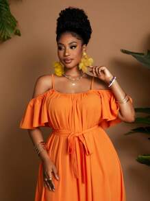 Maweii Plus Size Women Off Shoulder Elegant Solid Color Vacation Dress,Sun Dress - Orange - View 2