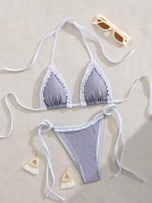 Swim Vcay 2pcs/Set New Spring Break Colorful Ruffle Edge Halter Tied Back Casual Holiday Beach Sexy Bikini Swimwear For Women For Summer Beach Vacation - Multicolor - View 2