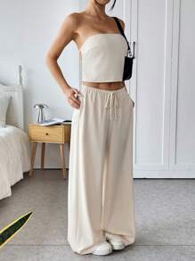 Muchica Apricot Color Woven Women's Tube Top And Pants 2 Pieces Casual Suit - Apricot - View 6