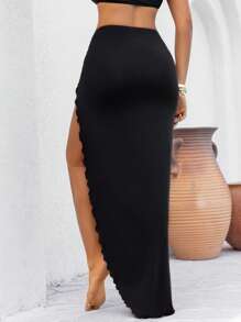 Bonvoyette 女士金属 U 扣装饰黑色纯色高开叉长裙罩衫裙，夏季海滩度假 - 黑色 - 查看 2