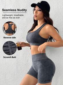 Easithlete 无缝运动瑜伽双层背心和骑行短裤套装/吸汗健身锻炼/运动瑜伽/户外跑步/舒适健身女式套装女士健身套装 - 黑色 - 查看 1