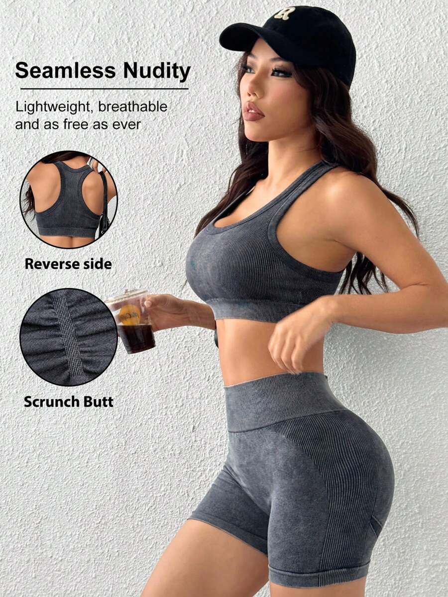 Easithlete 无缝运动瑜伽双层背心和骑行短裤套装/吸汗健身锻炼/运动瑜伽/户外跑步/舒适健身女式套装女士健身套装 - 黑色 - 查看 1