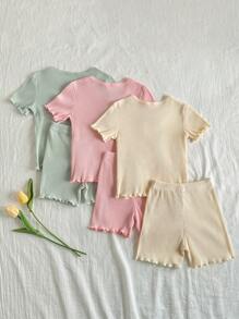 Vintaside Kids Young Girls Casual Solid Color Short Sleeve Top And Shorts Set - Multicolor - View 2