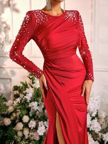 Glamrae Elegant Brown Round Neck Long Sleeve Ruched Chest Side High Slit Mermaid Hem Dress, Versatile For Formal Occasions, Evening Gown, Wedding Guest Dress, Party Dress - Red - View 6