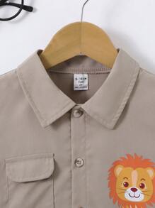 SHEIN 夏季戶外運動款，男童可愛獅子印花短袖上衣和短褲套裝 - 杏色 - 查看 6