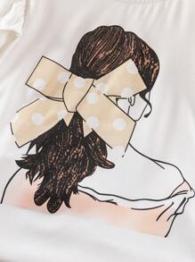 SHEIN 2 件套：人物印花盖袖上衣 + 波尔卡圆点印花百褶裙，适合年轻女孩 - 黃色 - 查看 5