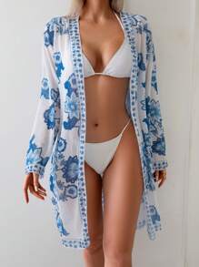 Swim Lushoire 女士蓝色花卉印花和服罩衫，海滩/度假 - 藍色 - 查看 3