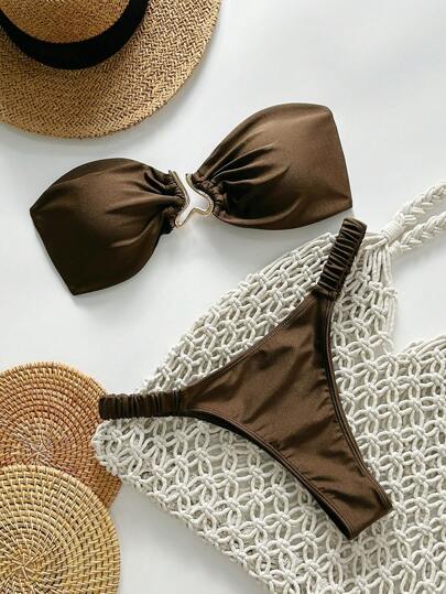 Swim Mod Conjunto de Maiô Bikini com Alças Sólidas e Decoração de Metal Sexy Colorido para Verão, Traje de Praia Feminino Springbreak