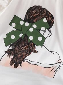 SHEIN Set de 2 piezas: Top con manga corta con volantes con estampado de figura femenina y minifalda plisada con lunares - Verde - Ver 4