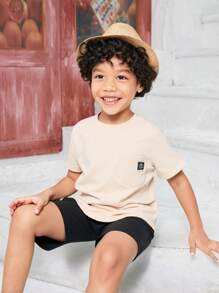 SHEIN Explorewe 3pcs/Set Toddler Boys Short Sleeve T-Shirt Set, Pocket & Car Patch, Casual Solid Color, Comfortable Sports Outdoor Summer Getaway, Holiday, Travel, Relax, Sunbathing