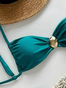 Swim Chiccia 2 件装女士金属纯色细肩带吊带上衣和丁字裤比基尼海滩度假夏季泳装套装 - 水鴨藍 - 查看 3